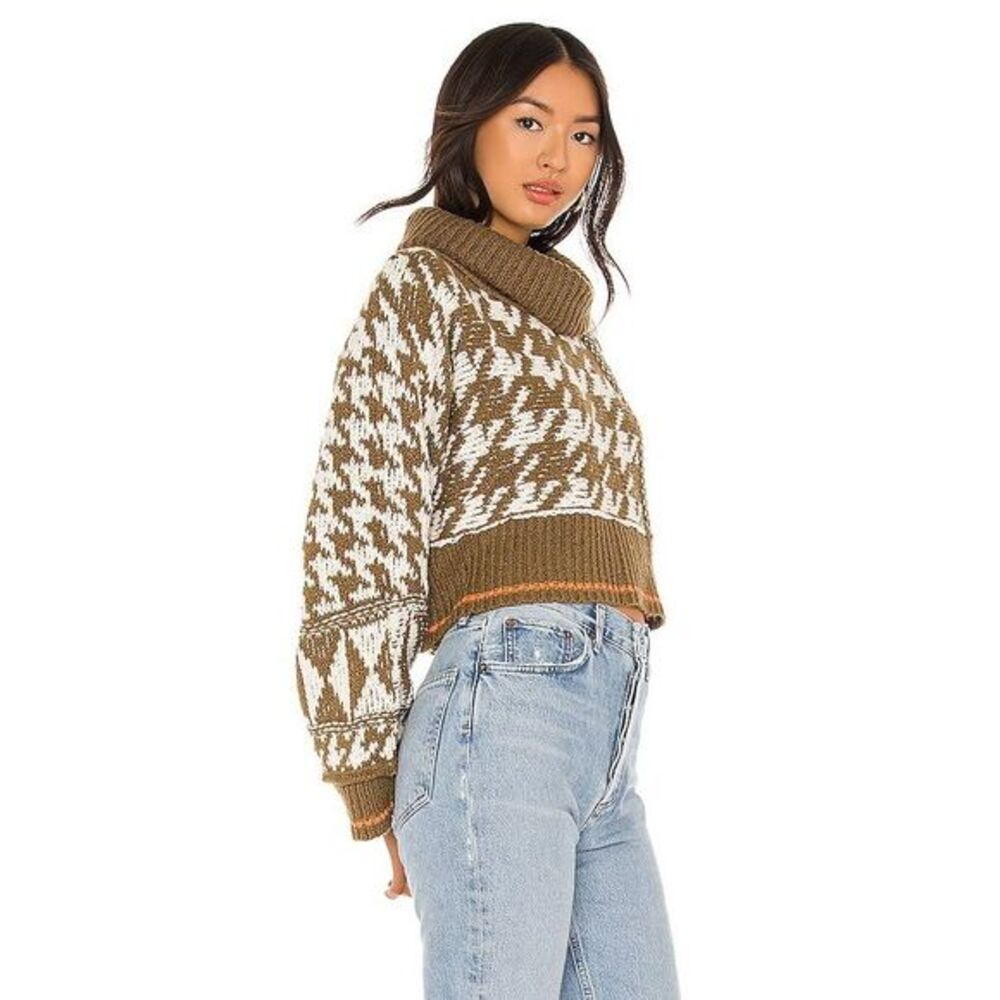 Free People Olive & White Houndstooth Turtleneck Sweater